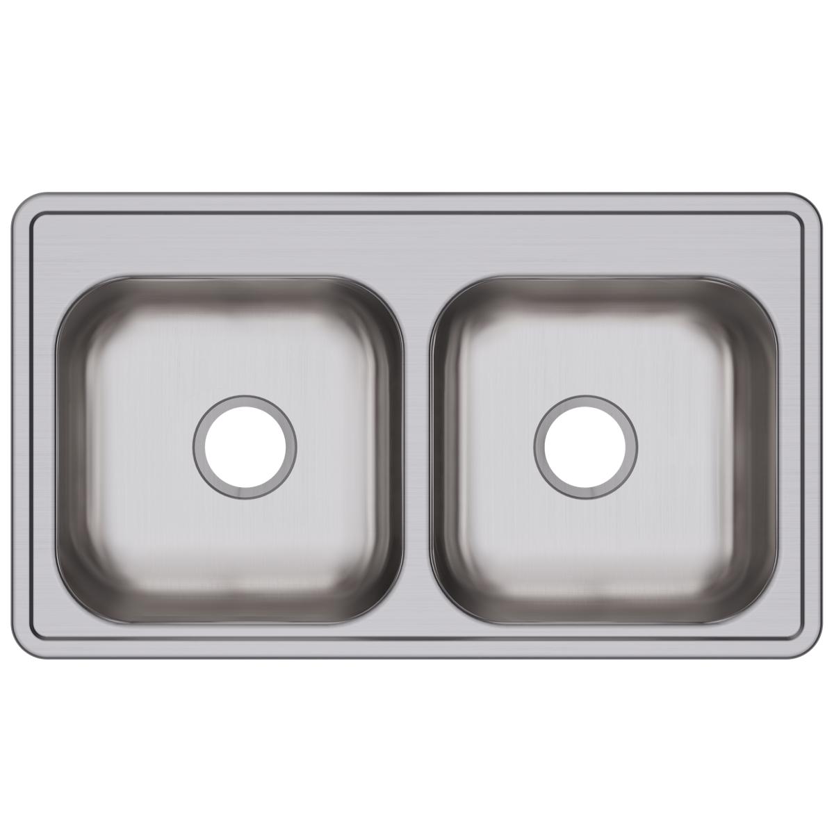 Stainless steel drop-in sink with two equal rectangular bowls and pre-drilled holes, top view.