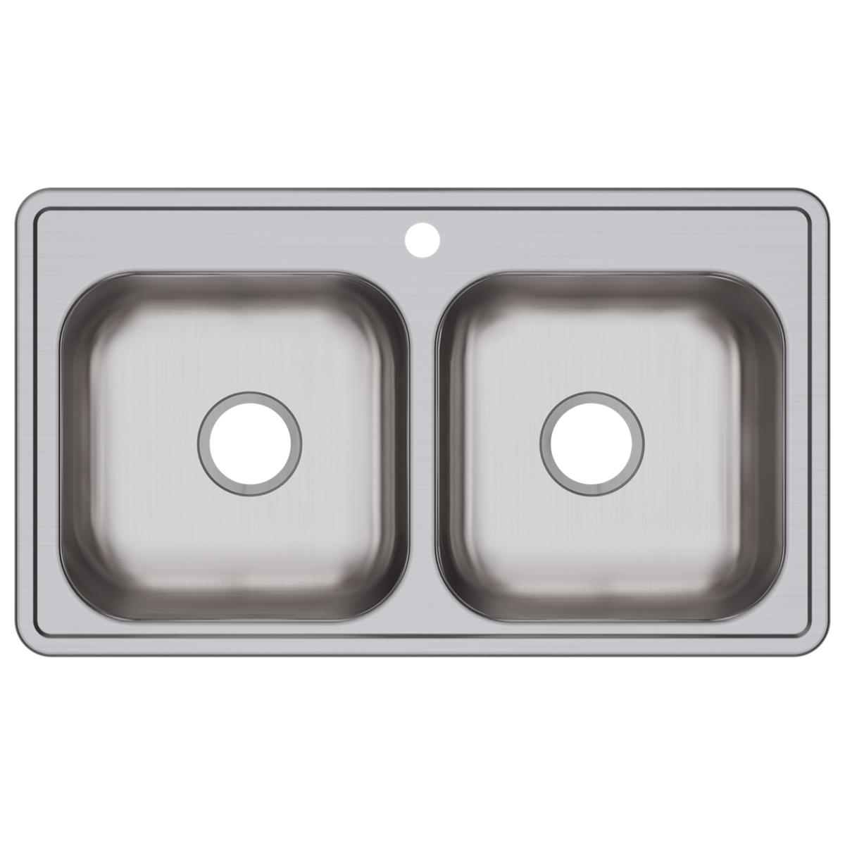 Stainless steel drop-in sink with two equal rectangular bowls and single faucet hole.