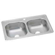 Stainless steel double bowl drop-in sink with two equal-sized basins and single faucet hole.