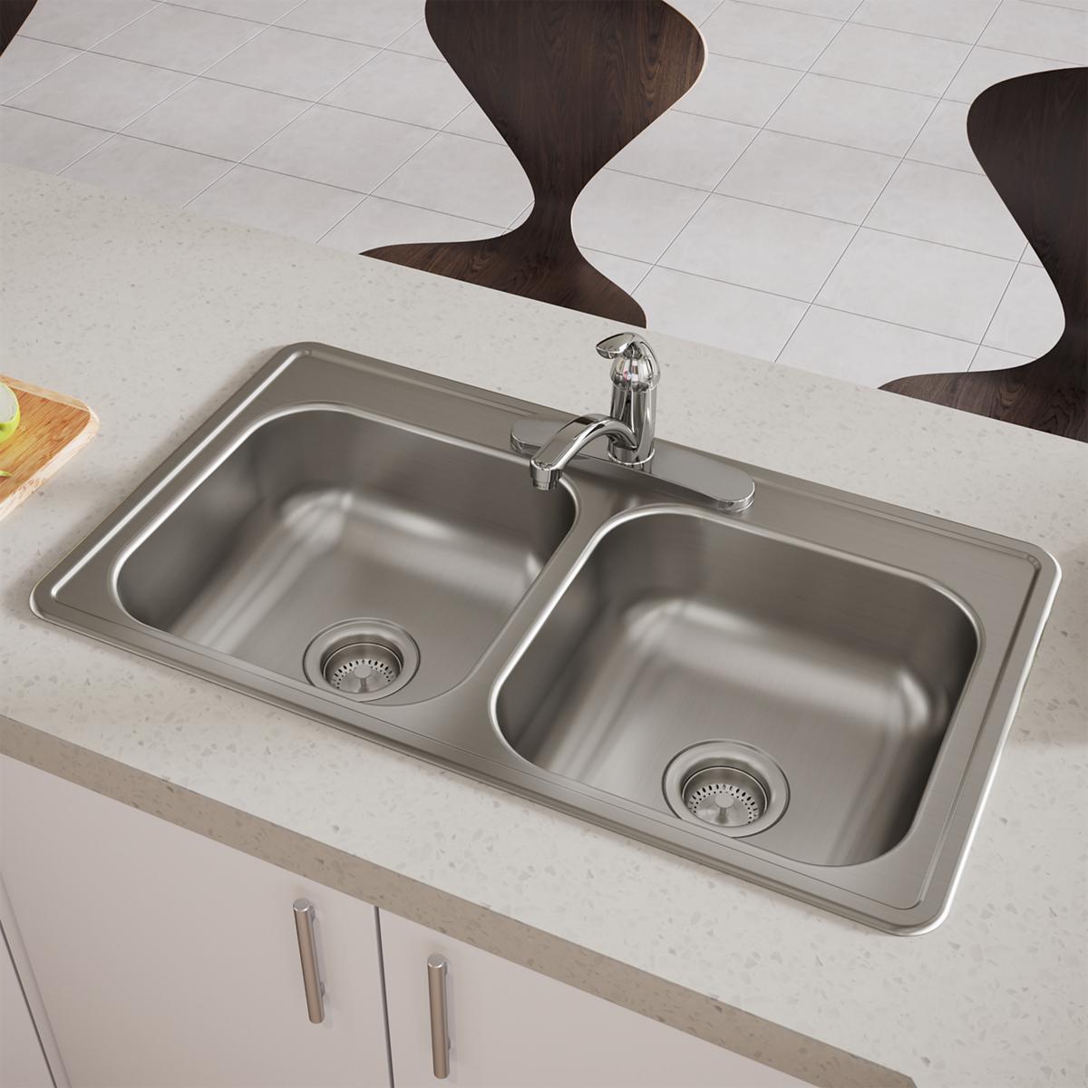 Stainless steel double bowl drop-in sink with two equal-sized basins, drain strainers, and single faucet mounted on counterto