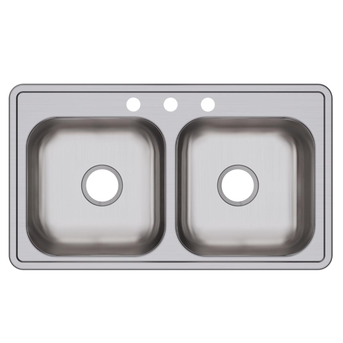 Stainless steel double bowl drop-in sink with three holes across the top for faucet mounting.