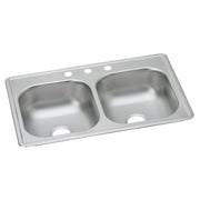 Stainless steel double bowl drop-in sink with three faucet holes along the rim.