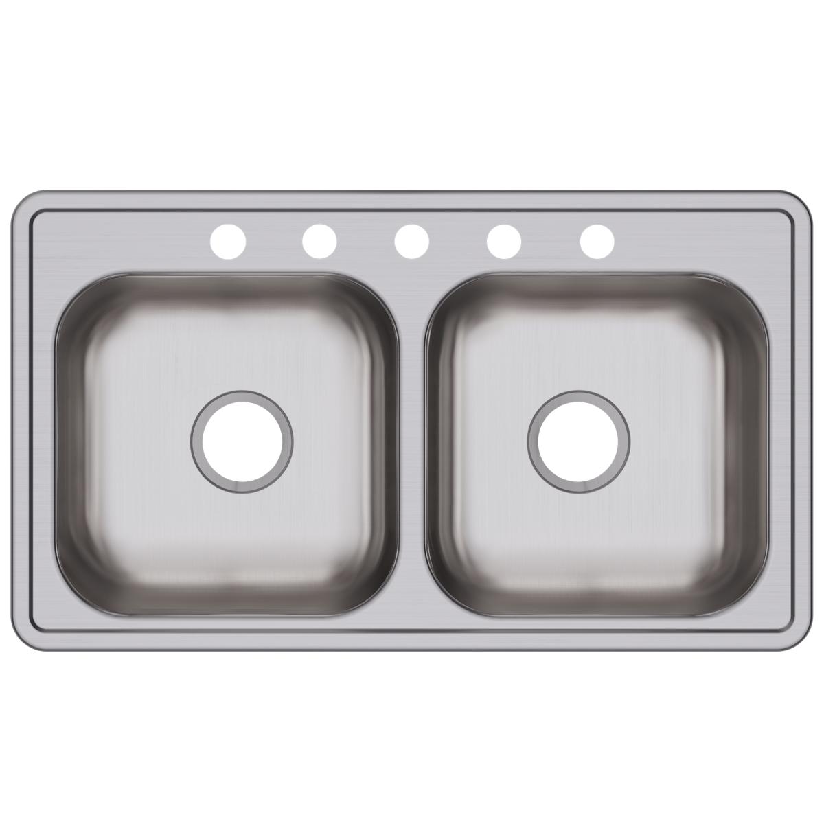 Stainless steel double bowl drop-in sink with five holes across the rim for faucet installation.