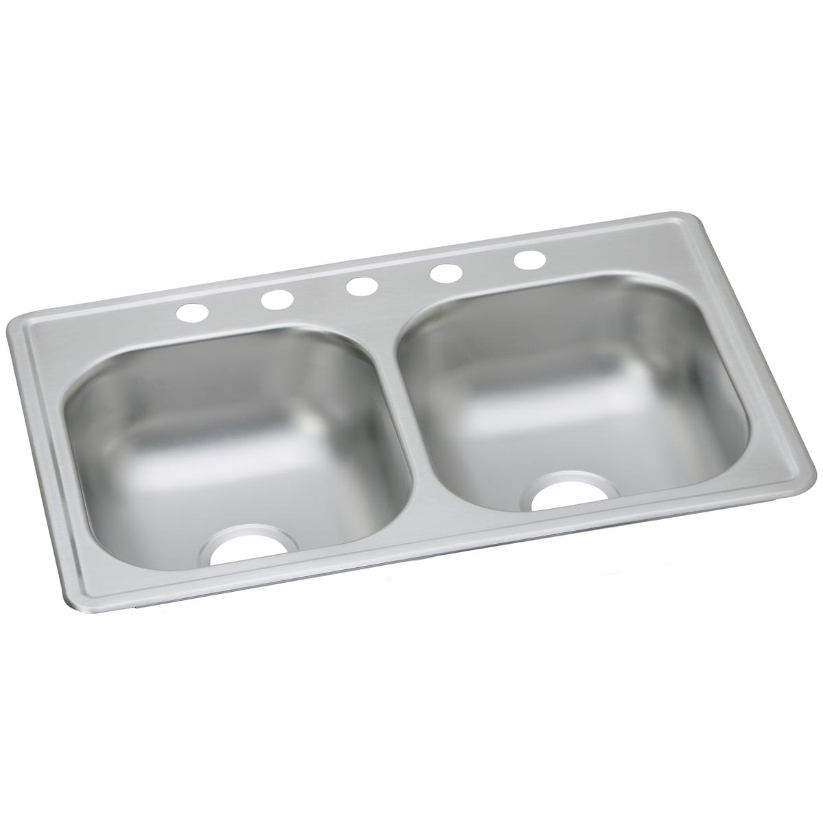Stainless steel double bowl drop-in sink with five holes across the top rim for faucet installation.