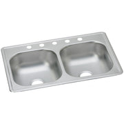 Stainless steel double bowl drop-in sink with five holes across the top rim for faucet installation.