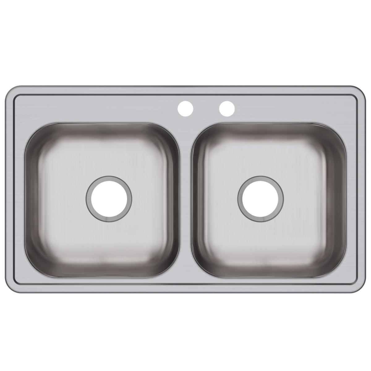Stainless steel drop-in sink with two equal rectangular bowls and two faucet holes.