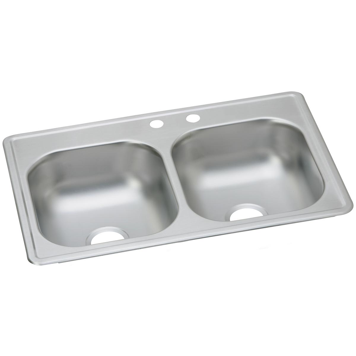 Stainless steel drop-in sink with two equal bowls and two faucet holes on the rim.