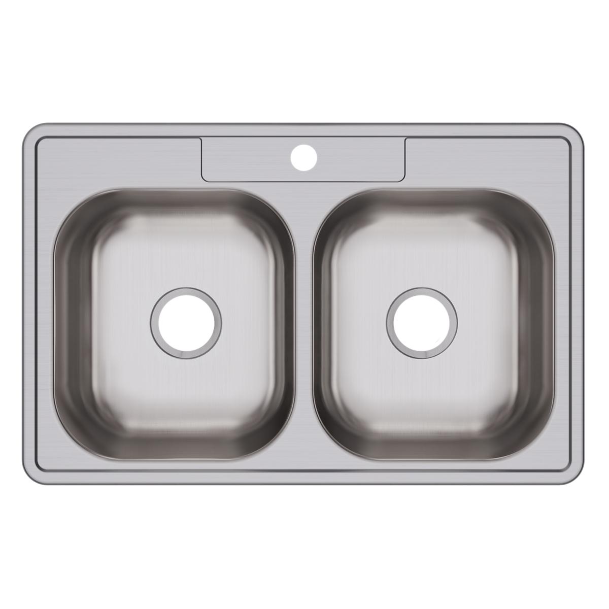 Stainless steel double bowl drop-in sink with two equal-sized basins and single faucet hole.
