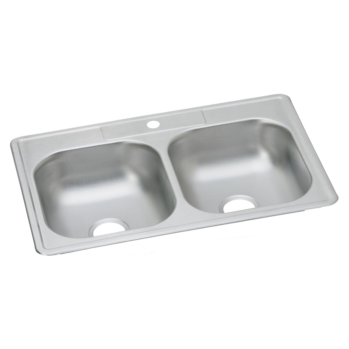 Stainless steel drop-in sink with two equal bowls and single faucet hole on rim.