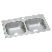 Stainless steel drop-in sink with two equal bowls and single faucet hole on rim.