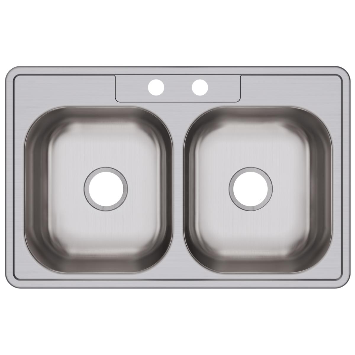 Stainless steel double bowl drop-in sink with two pre-drilled holes and equal-sized basins.