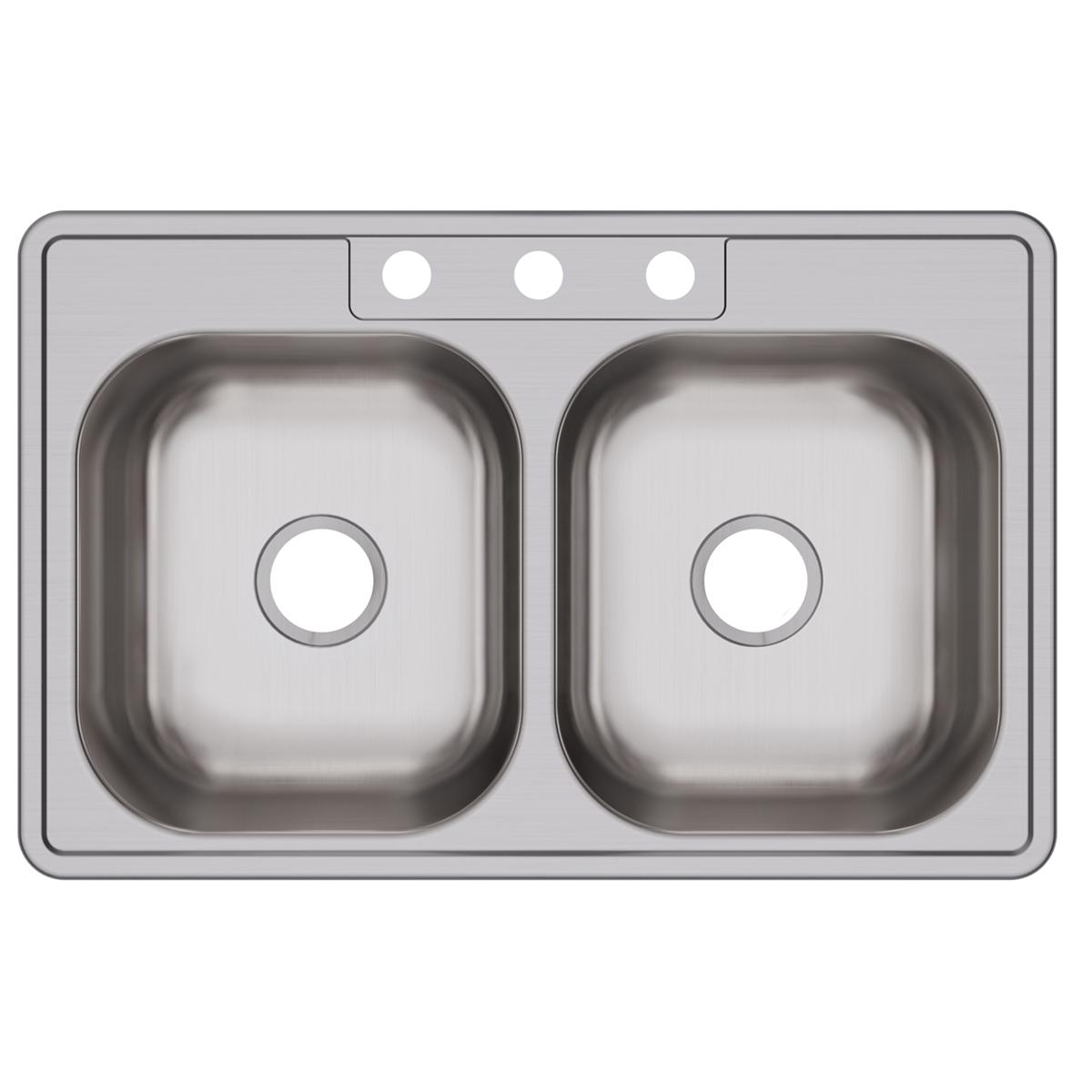 Stainless steel double bowl drop-in sink with two equal basins and three pre-drilled holes along the backsplash.