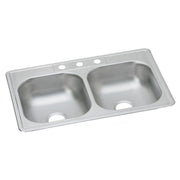 Stainless steel drop-in double bowl sink with three faucet holes across the top rim.