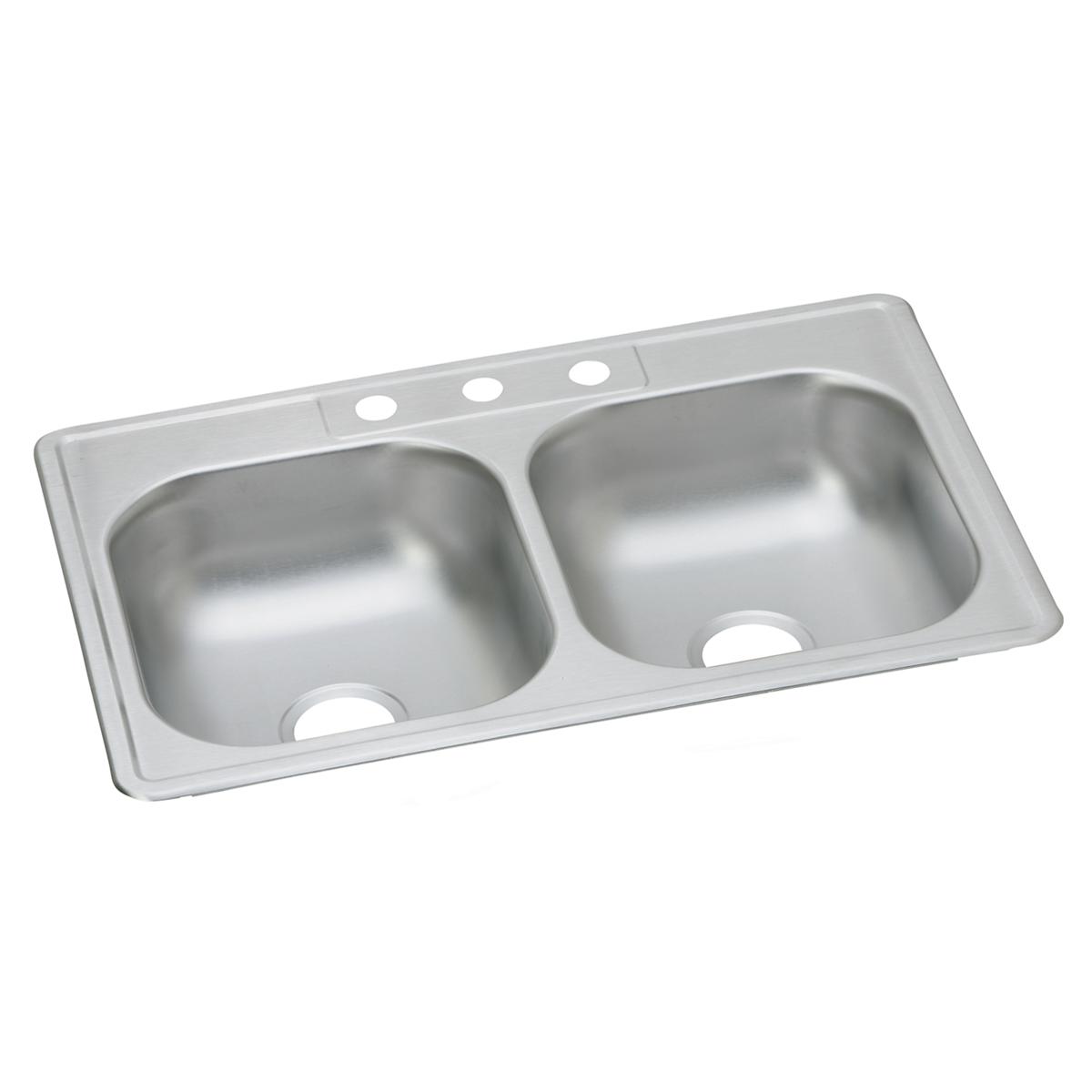 Stainless steel drop-in double bowl sink with three faucet holes across the top rim.