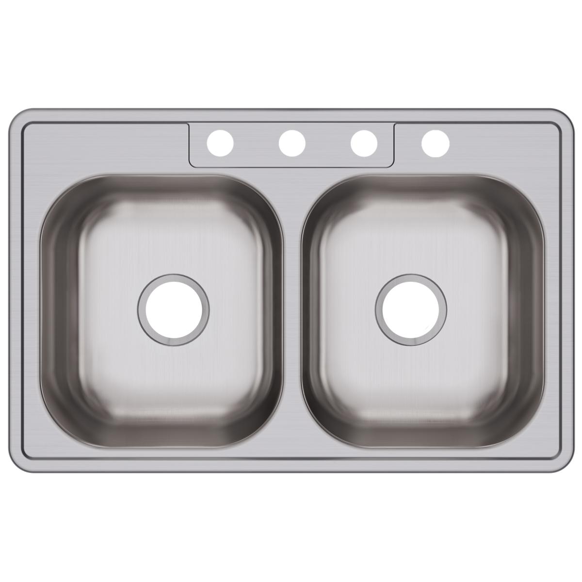 Stainless steel double bowl drop-in sink with four mounting holes across the rim and drain openings in each basin.