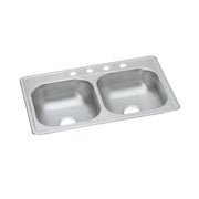 Stainless steel double bowl drop-in sink with four faucet holes across the rim.