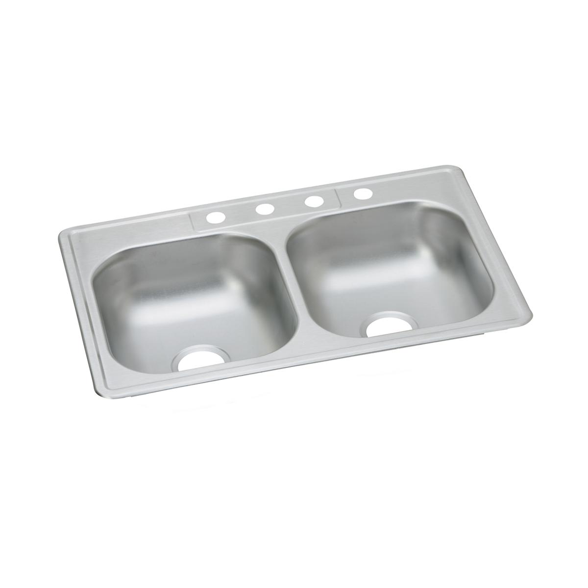 Stainless steel double bowl drop-in sink with four faucet holes across the rim.