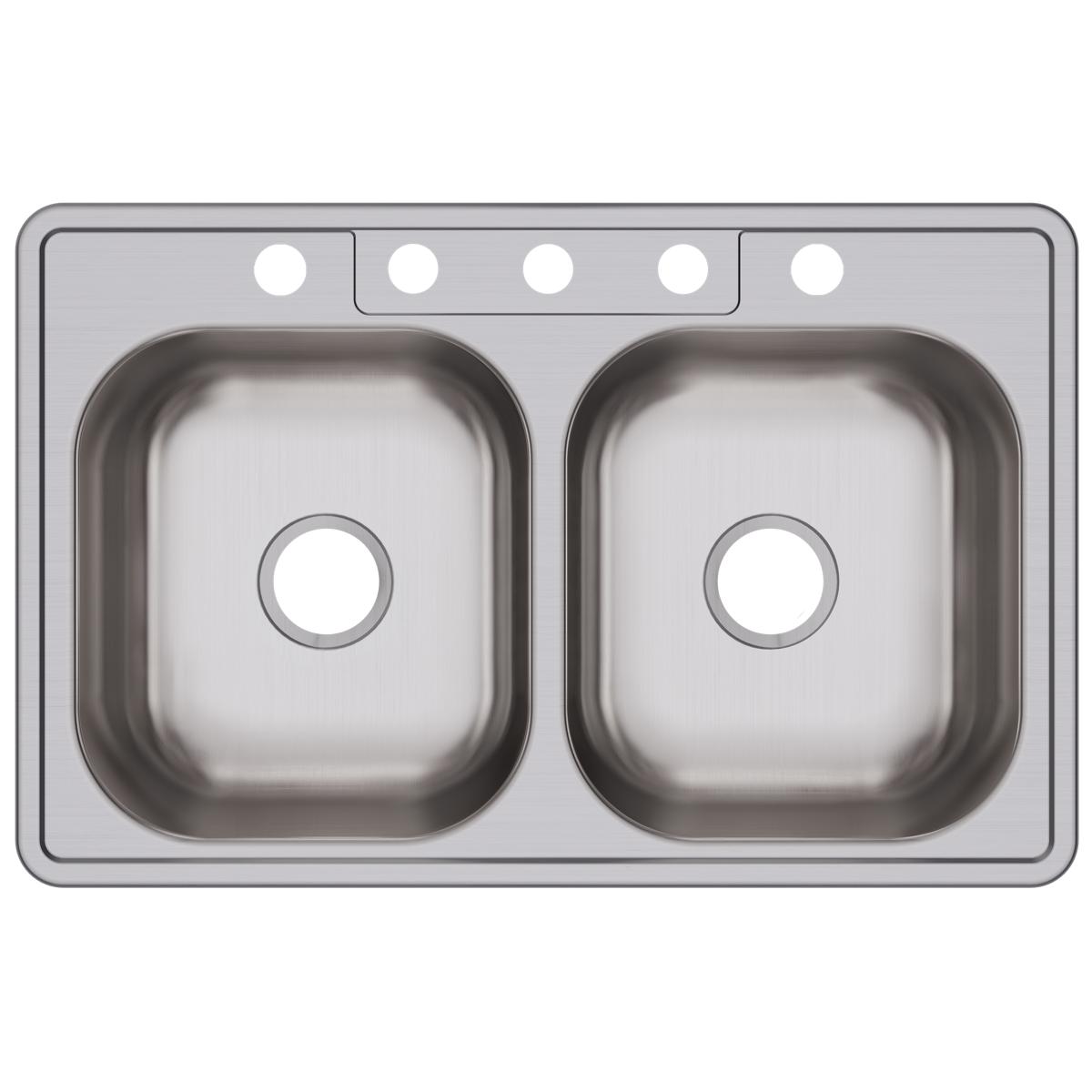 Stainless steel drop-in sink with two equal rectangular bowls and five pre-drilled faucet holes across the top rim.