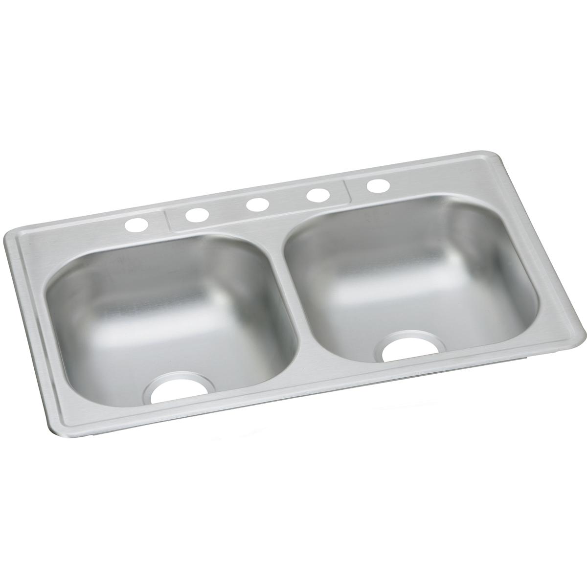 Stainless steel double bowl drop-in sink with five mounting holes along the rim and drain holes in each basin.