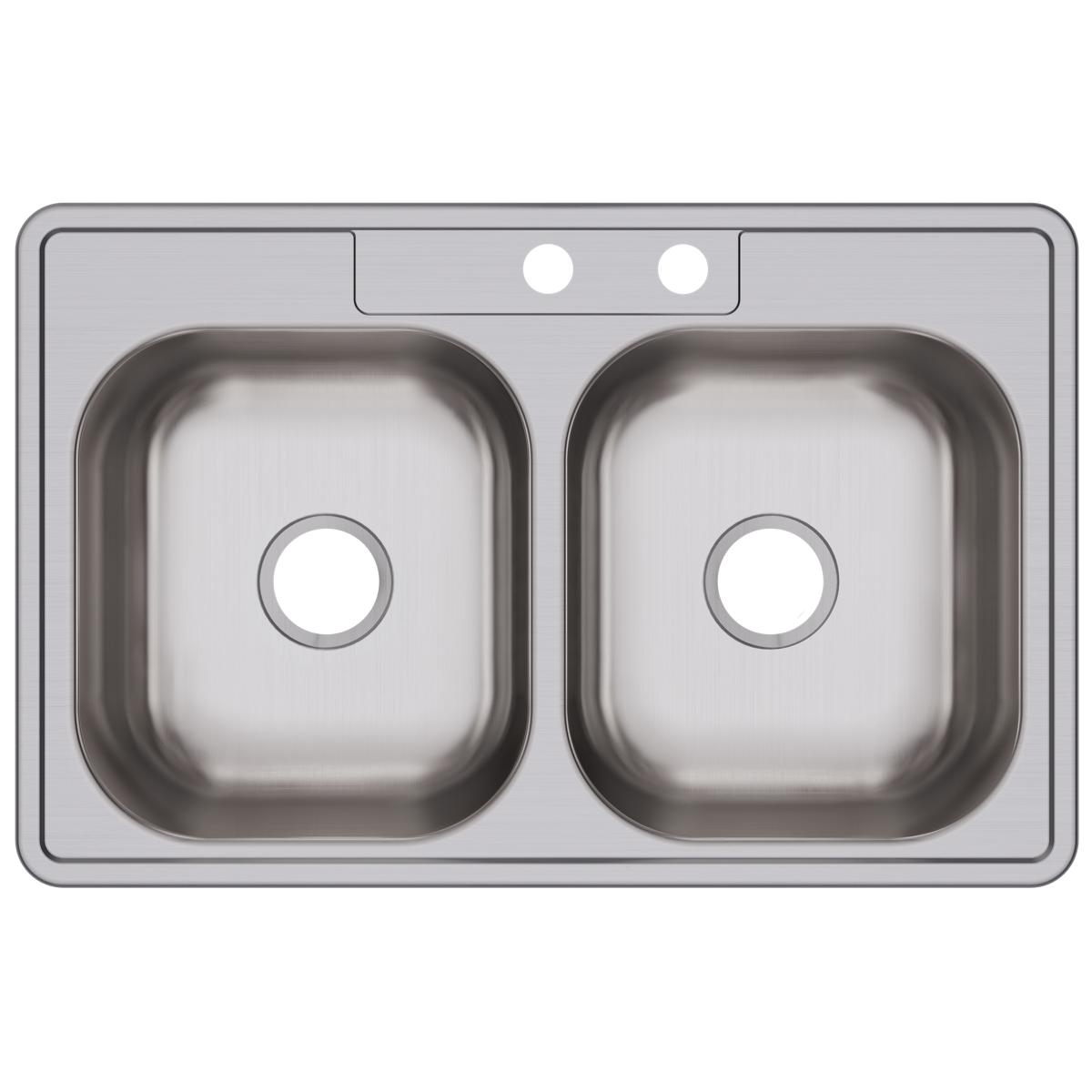 Stainless steel drop-in sink with two equal rectangular bowls and two faucet holes on the rim.