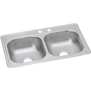 Stainless steel drop-in sink with two equal bowls and two faucet holes on the rim.