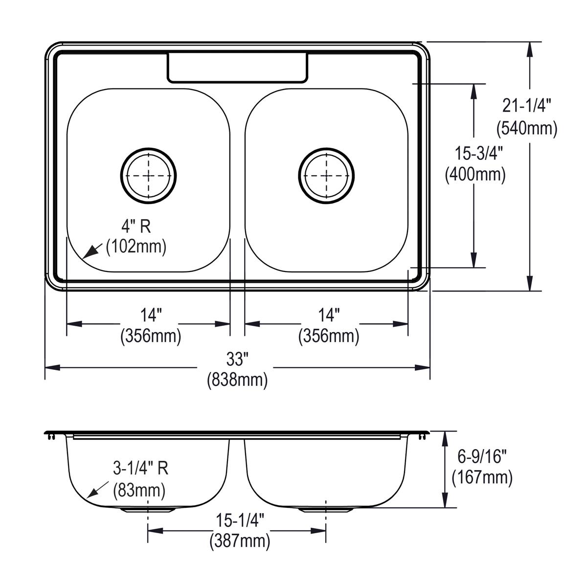 Top and side view technical drawing of a stainless steel double bowl drop-in sink with equal-sized bowls and single faucet ho