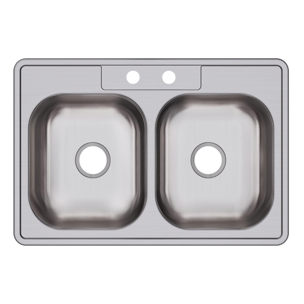 Stainless steel double bowl drop-in sink with two faucet holes and drain openings on each basin.