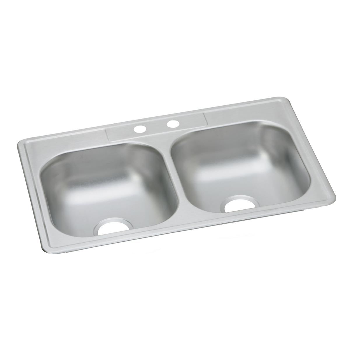 Stainless steel double bowl drop-in sink with two pre-drilled holes on rim.