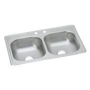 Stainless steel double bowl drop-in sink with two pre-drilled holes on rim.