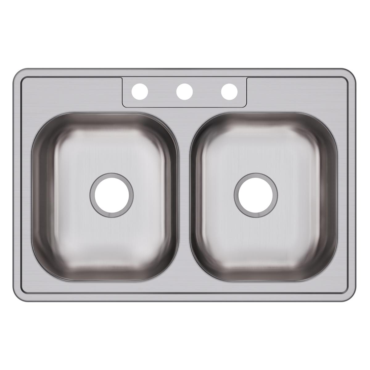 Stainless steel double bowl drop-in sink with three holes for faucet installation across the rim.