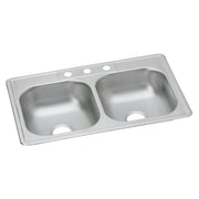 Stainless steel double bowl drop-in sink with three faucet holes along the rim.