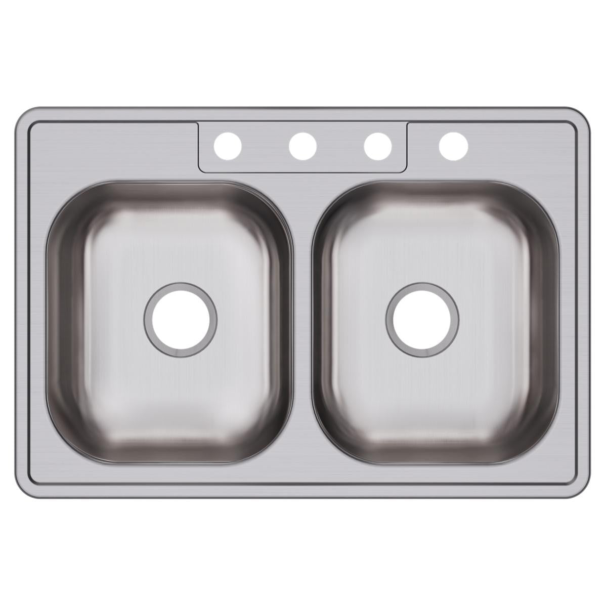 Stainless steel double-bowl drop-in sink with four faucet holes across the top deck.