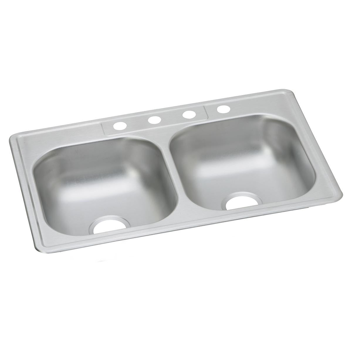 Stainless steel double basin drop-in sink with four faucet holes along the rim.
