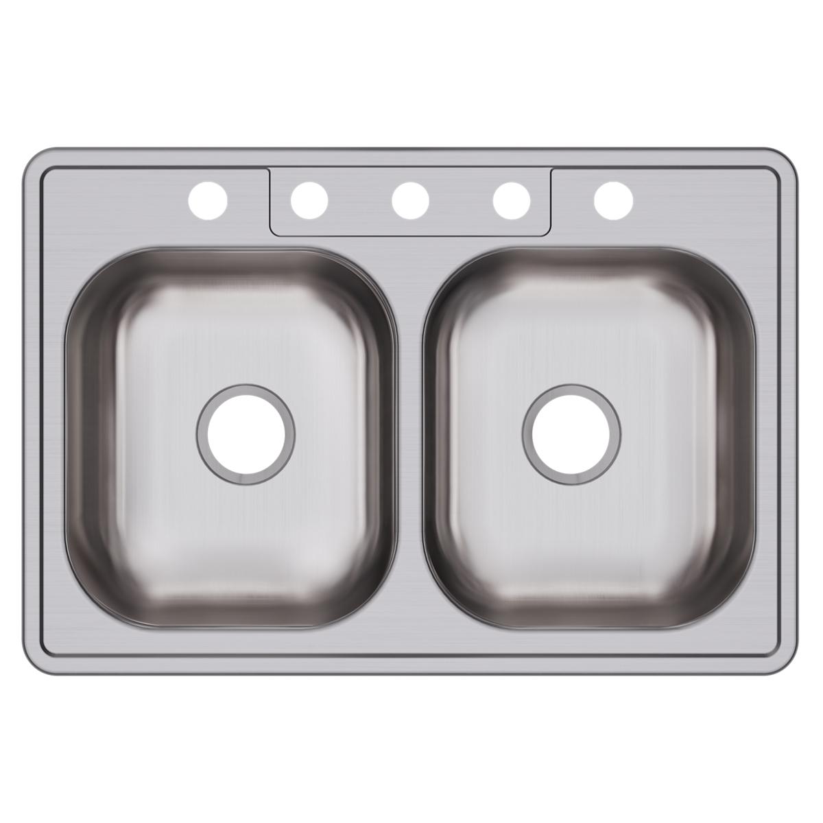 Stainless steel double bowl drop-in sink with five holes across the rim and drain openings in each basin.
