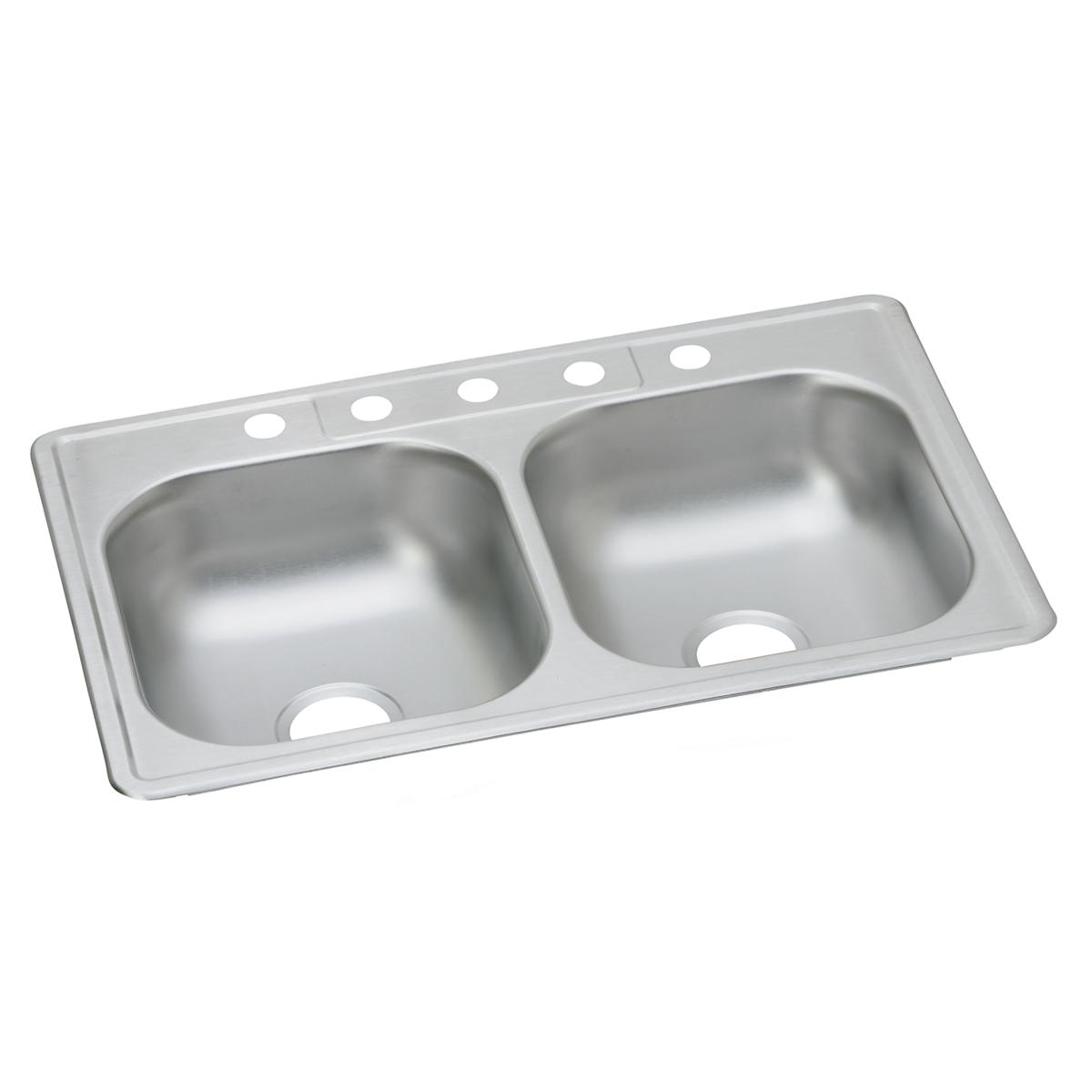 Stainless steel double bowl drop-in sink with five pre-drilled holes along top rim.