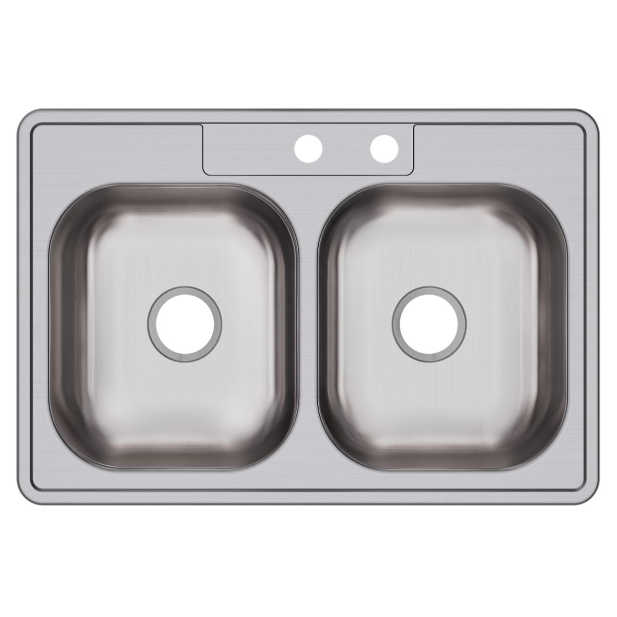 Stainless steel drop-in sink with two equal rectangular bowls and two faucet holes.