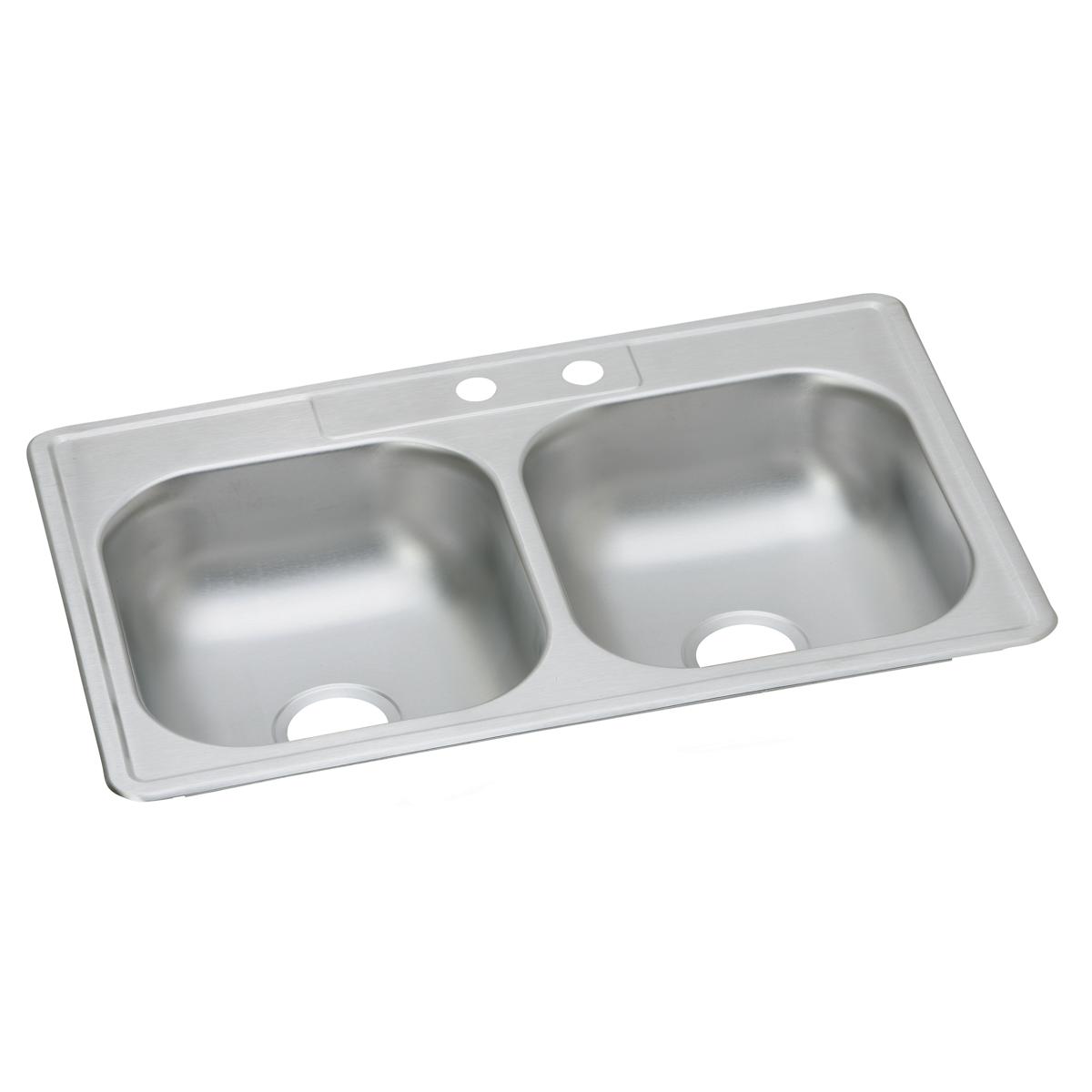 Stainless steel drop-in kitchen sink with two equal bowls and two faucet holes on the rim.