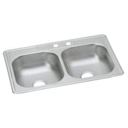 Stainless steel drop-in kitchen sink with two equal bowls and two faucet holes on the rim.