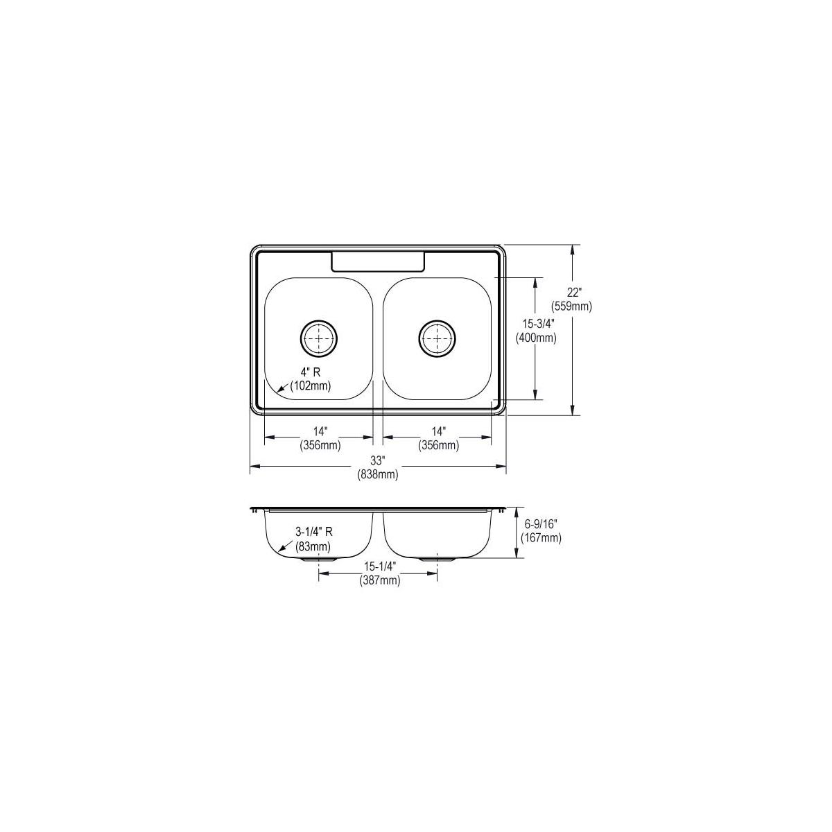 Stainless steel double bowl drop-in sink with three holes and rounded corners, shown in top and side view technical drawings.