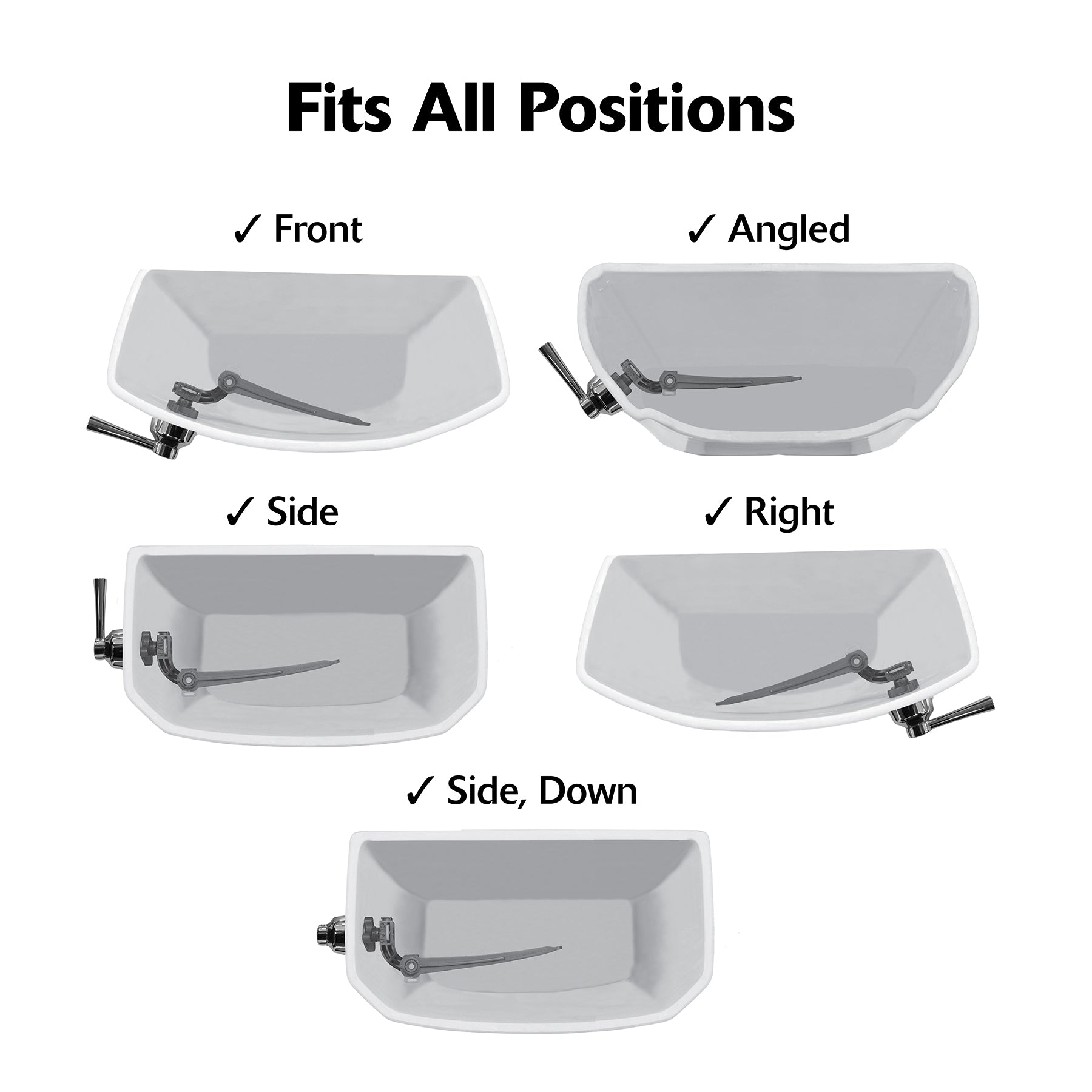 Brushed nickel toilet handle lever shown installed in five different toilet tank positions: front, angled, side, right, and s