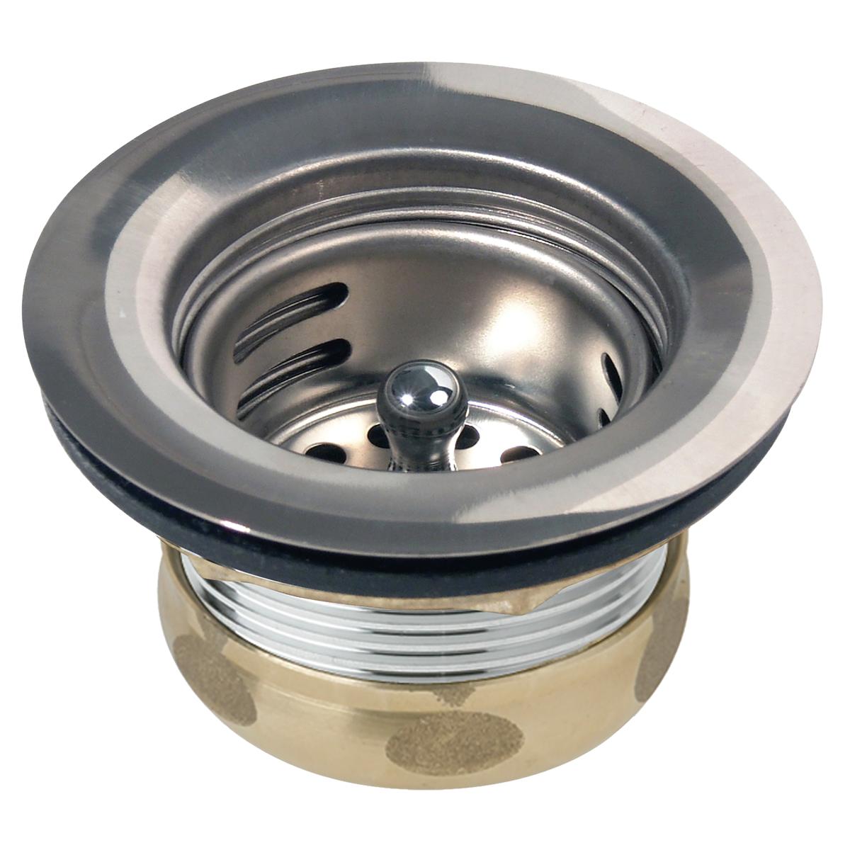 Stainless steel sink drain with removable basket strainer, rubber gasket, and central stopper post.