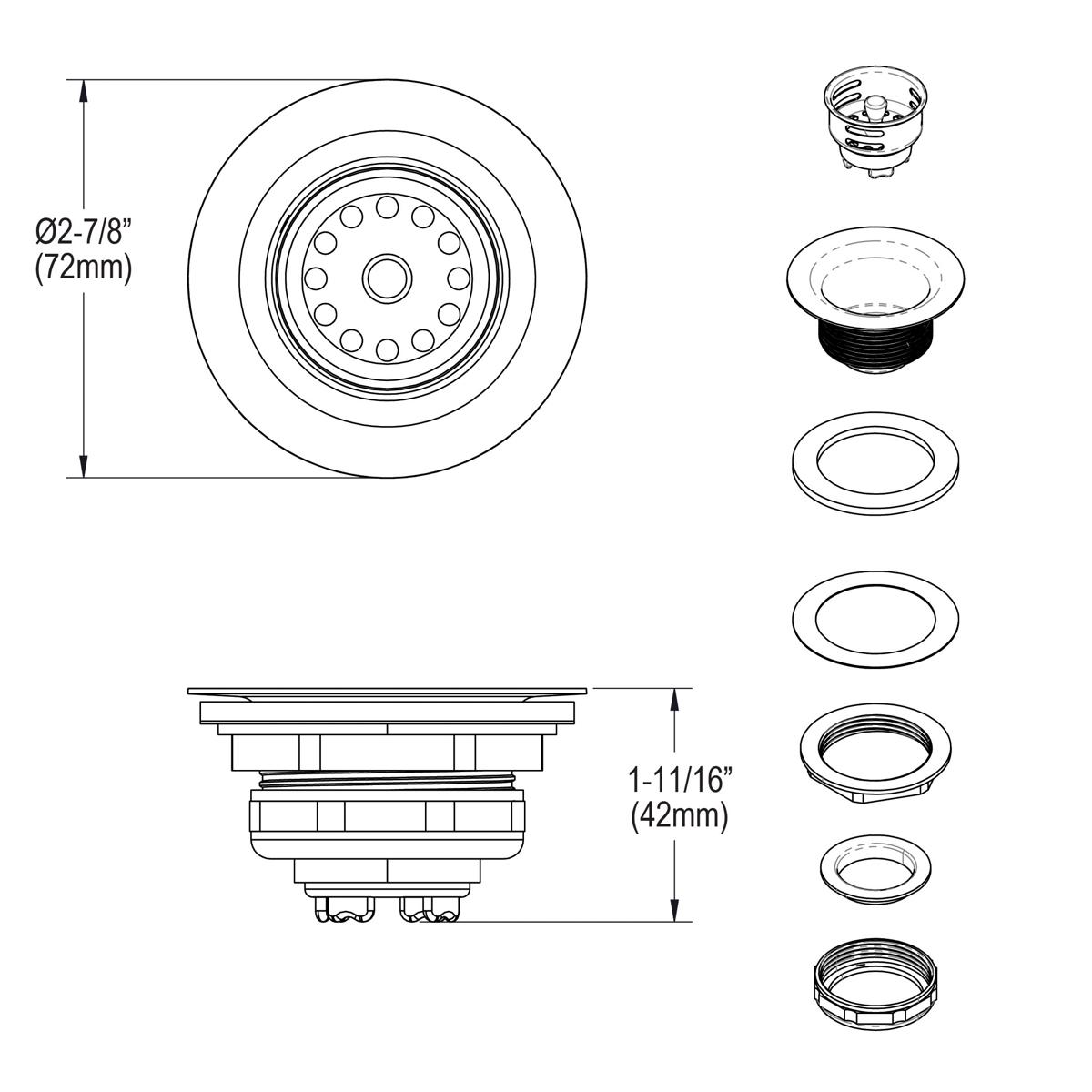 Stainless steel drain assembly with 2-7/8" diameter opening, removable basket strainer, rubber stopper, and component parts s