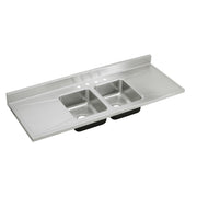 Stainless steel double bowl sink top with left and right drainboards and backsplash.