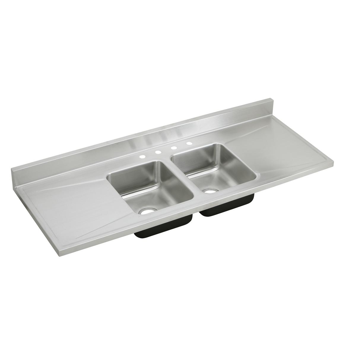 Stainless steel double bowl sink top with left and right drainboards and backsplash.