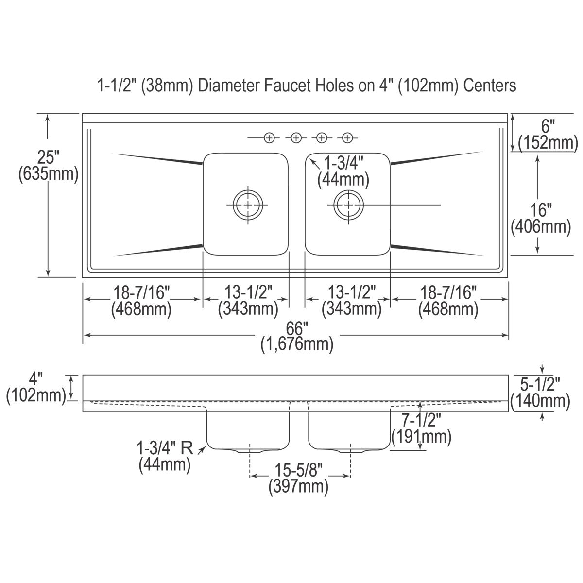 Stainless steel double bowl sink top with drainboard and four faucet holes, top and side profile view with dimensions.