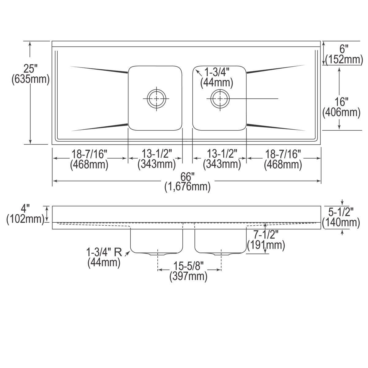 Stainless steel double bowl sink with drainboards, top and side view technical drawing with dimensions.