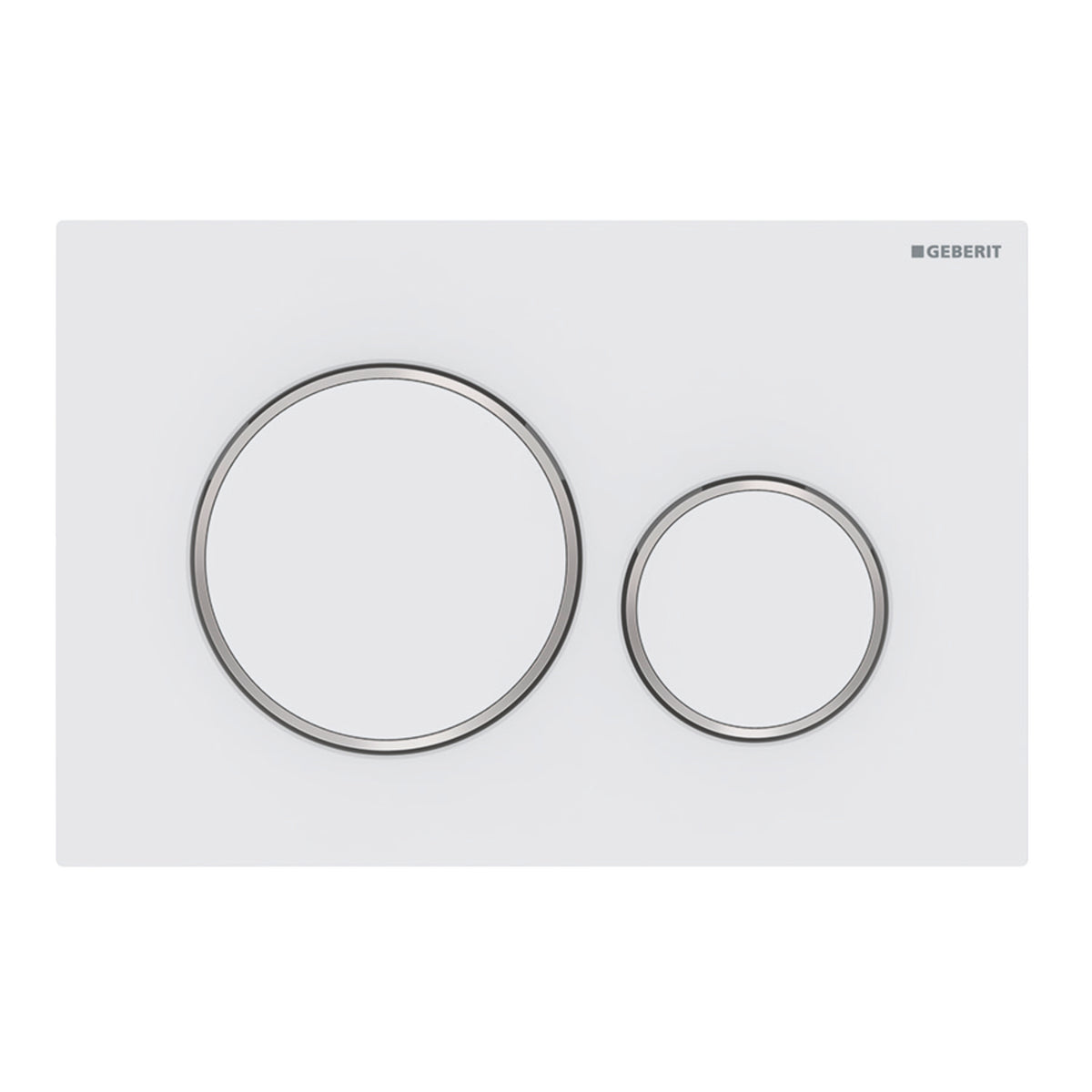 Matte white actuator plate with two chrome-rimmed circular buttons for dual flush control.