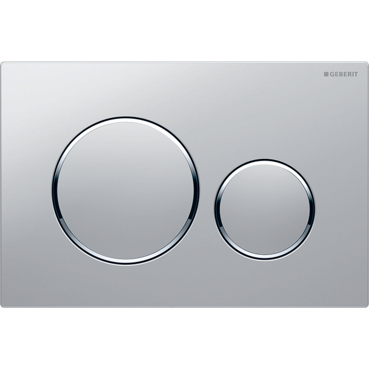 Matte chrome rectangular actuator plate with two circular flush buttons, larger on left and smaller on right.