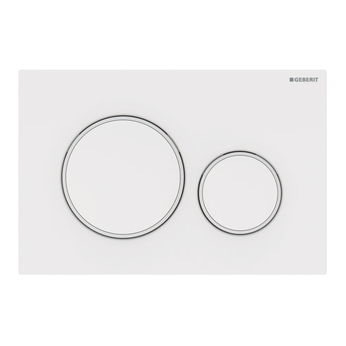 White rectangular actuator plate with two circular flush buttons, larger on left and smaller on right.