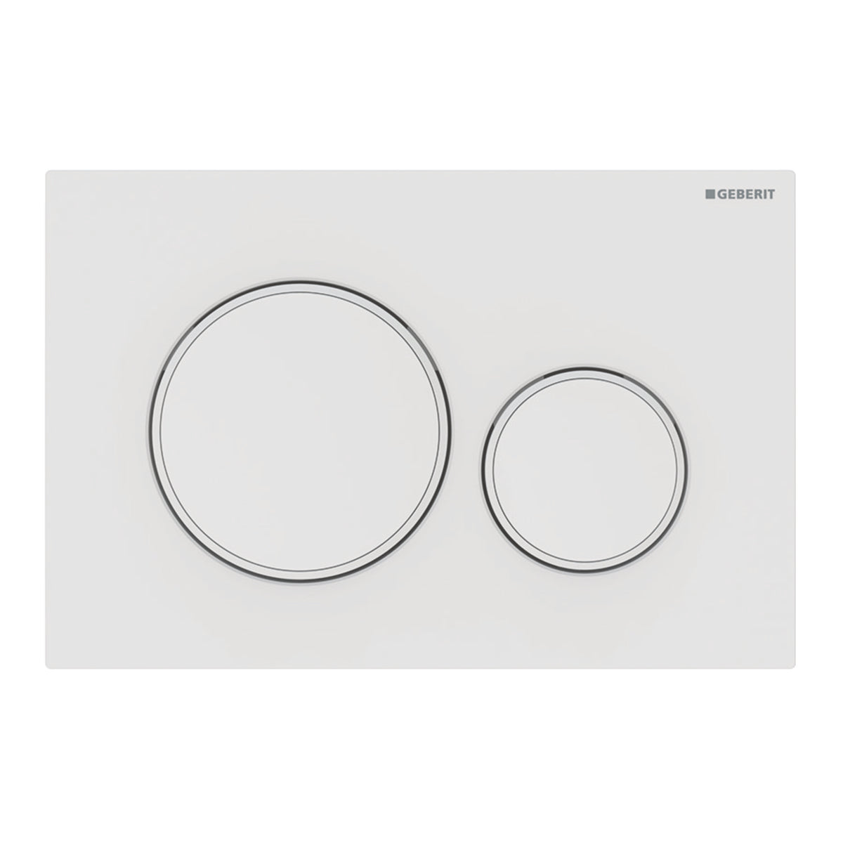 Matte white rectangular actuator plate with two circular flush buttons of different sizes outlined in gray.